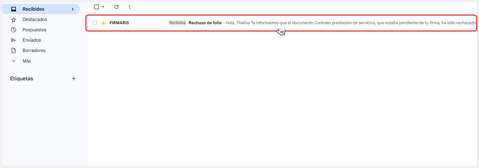 Correo con confirmación de rechazo