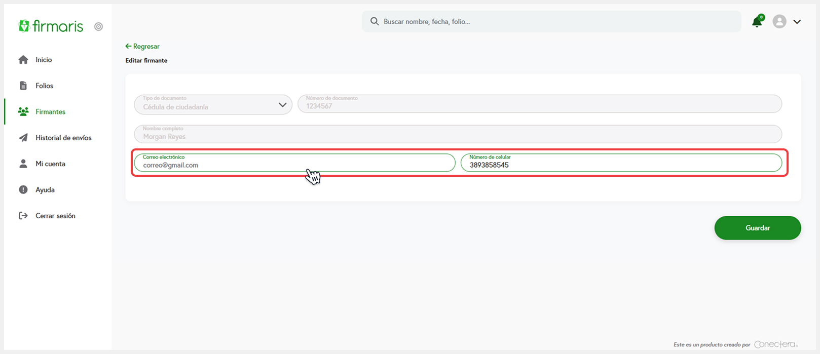 Formulario de creación de firmante