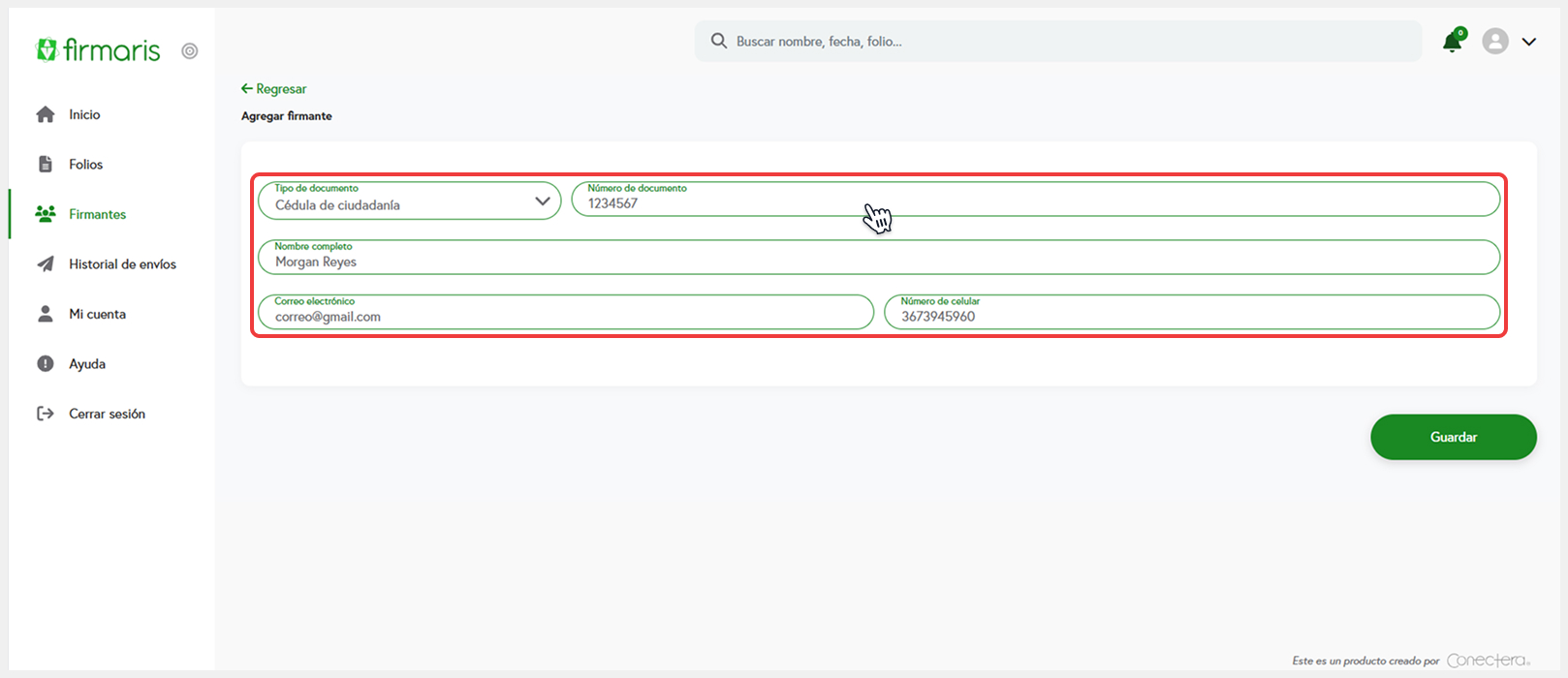 Formulario de creación de firmante